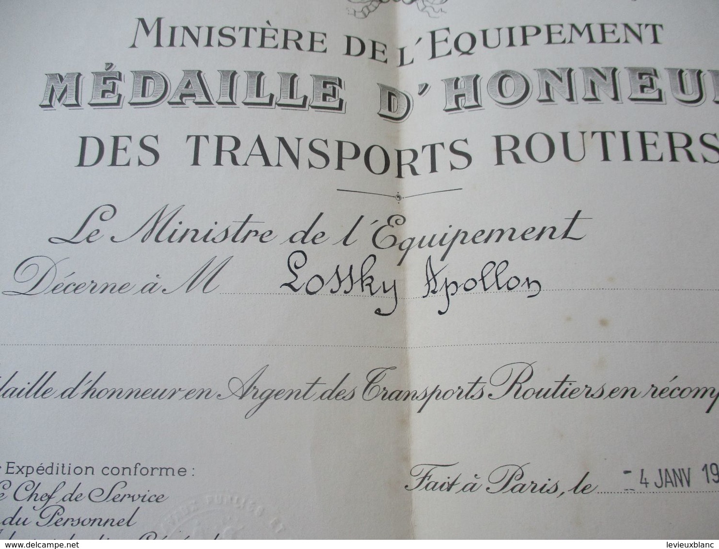 Militaria/Diplôme / Médaille D'Honneur Des Transports Routiers/Ministère De L'Equipement LOSSKY/1967          DIP224 - Documents