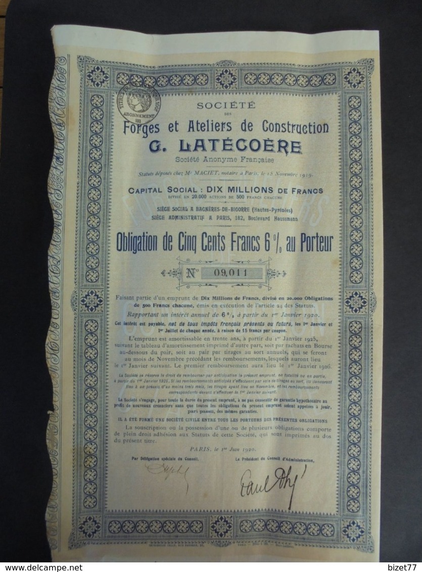 FRANCE - 65 - BAGNERE DE BIGORRE - AVIATION : FORGES ET ATELIERS G. LATECOERE - OBLIGATION DE 500 FRS 6% - Otros & Sin Clasificación