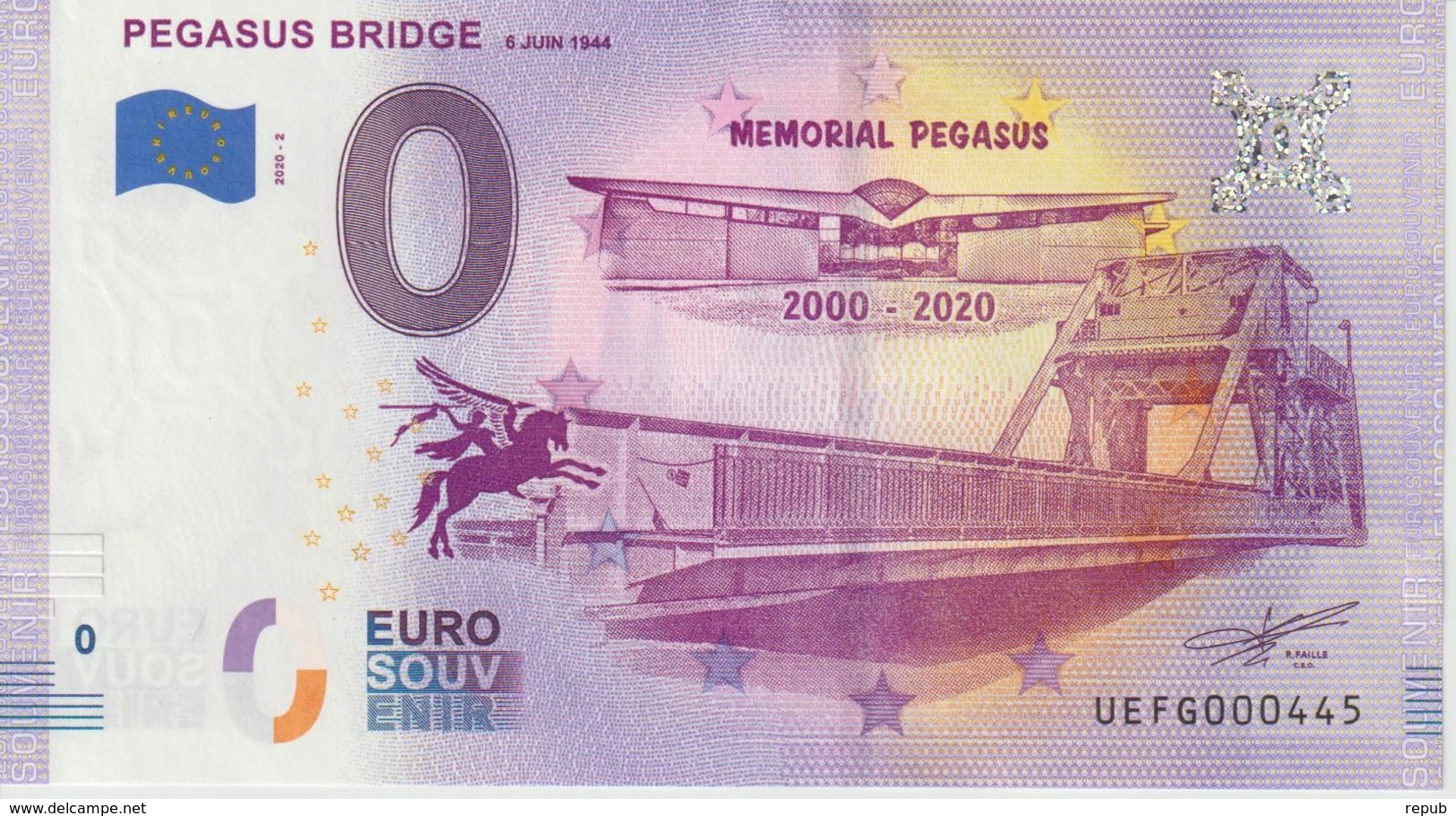 Billet Touristique 0 Euro Souvenir France 14 Pegasus Bridge 2020-2 N°UEFG000445 - Essais Privés / Non-officiels