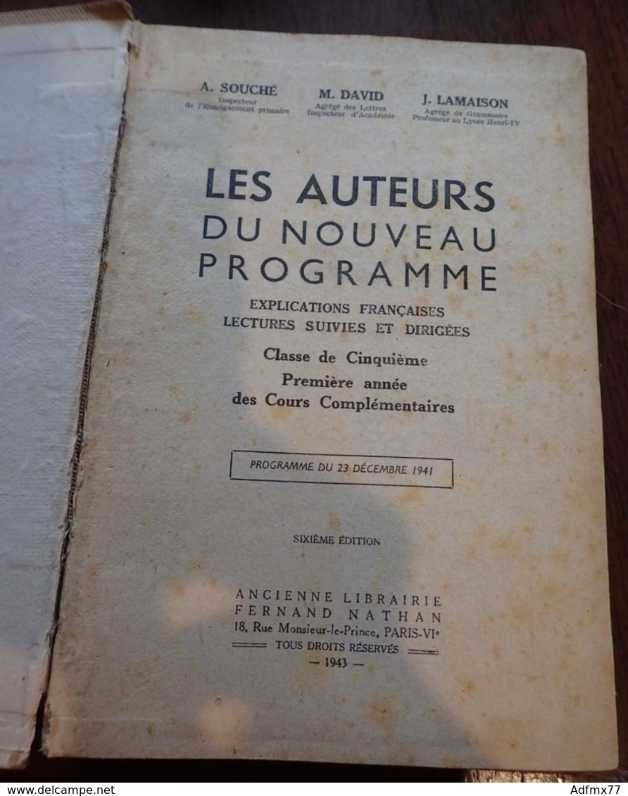 Les Auteurs Du Nouveau Programme - Classe De 5ème - Programme Du 23 Décembre 1941 - 1943 - 12-18 Years Old