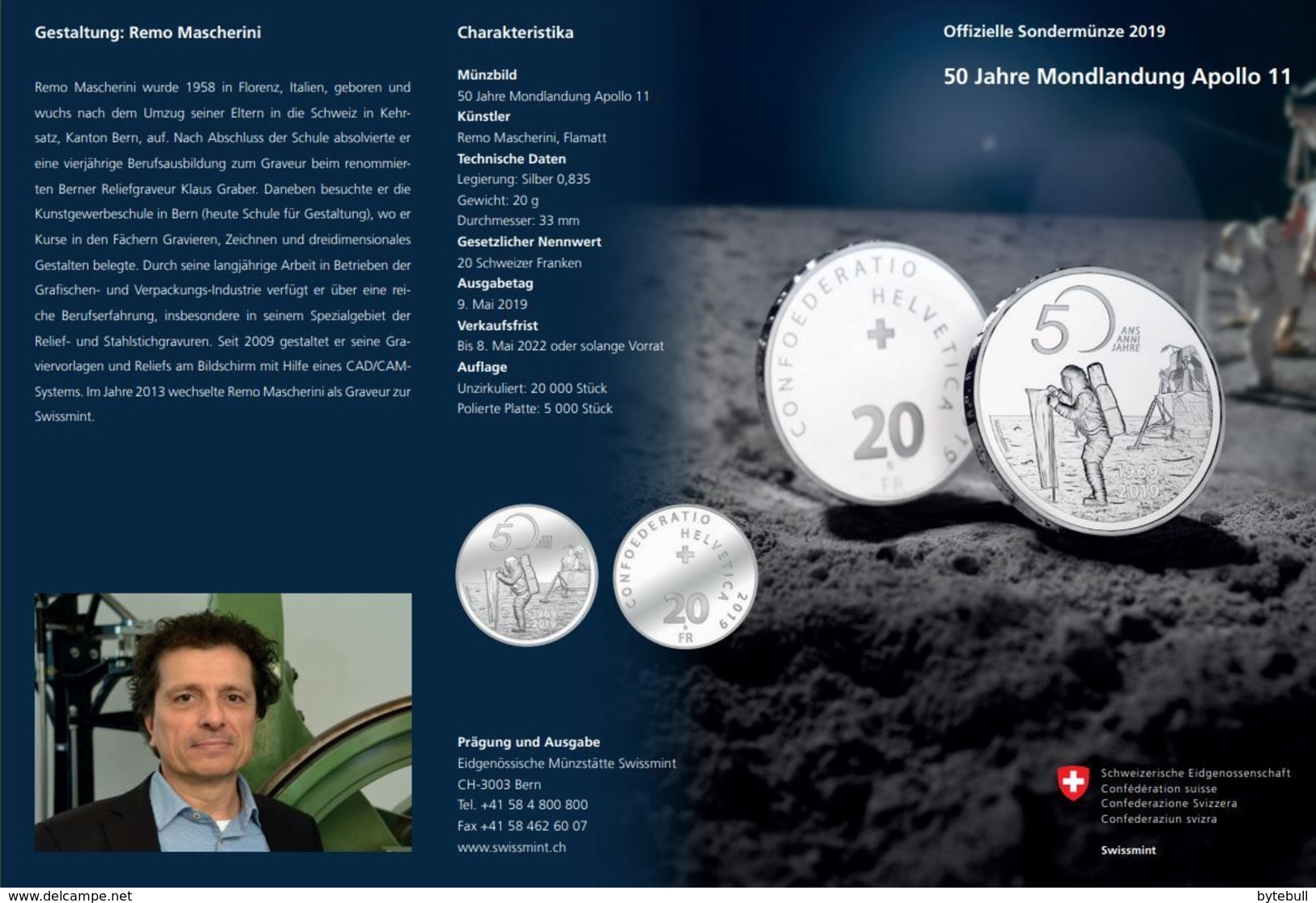 Schweiz, 50 Jahre Mondlandung. Silber, Polierte Platte, 4'750 Stk, Moon Landing - Otros & Sin Clasificación