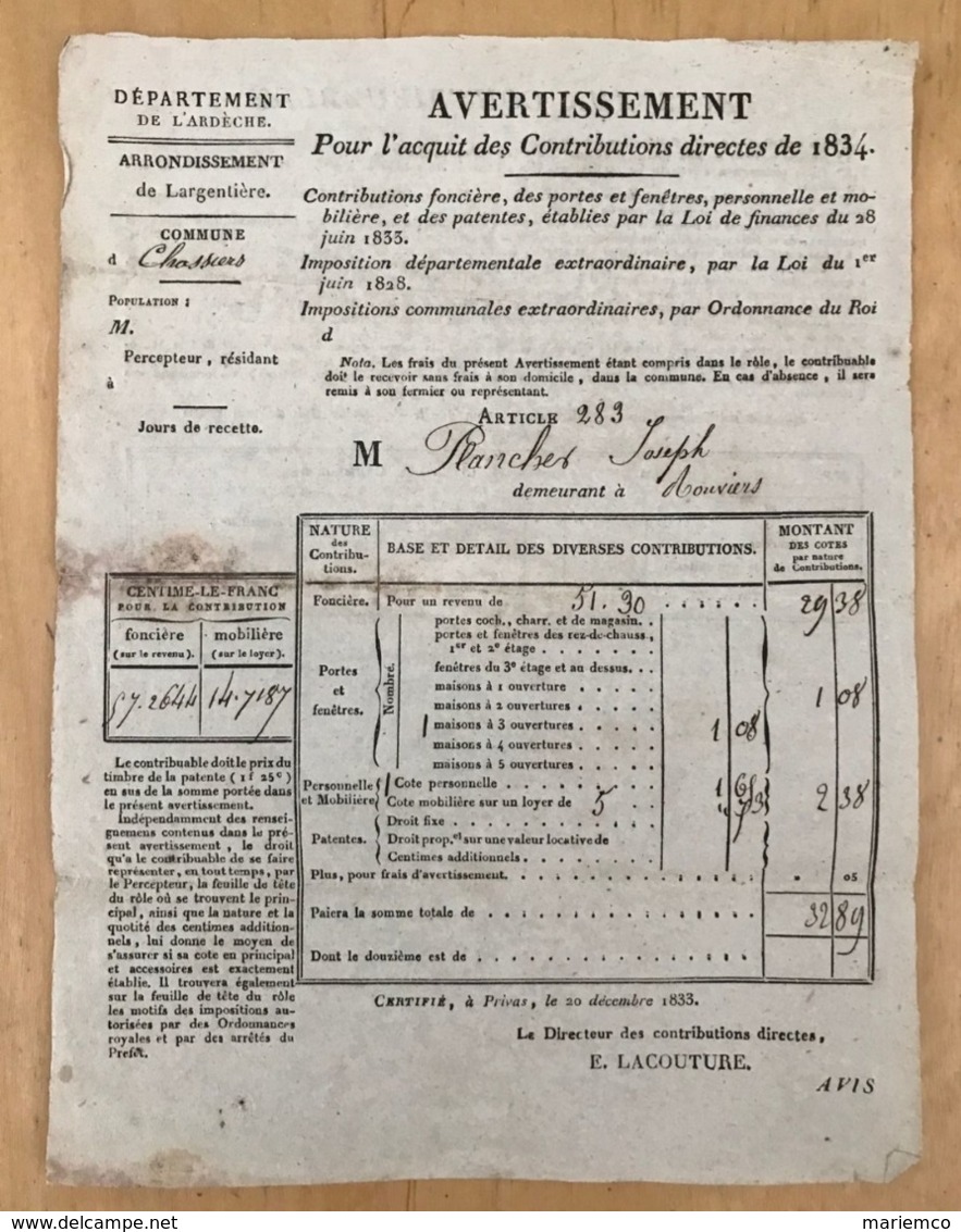 AVERTISSEMENT POUR L'ACQUIT DES CONTRIBUTIONS DIRECTES DE 1834 - Décrets & Lois