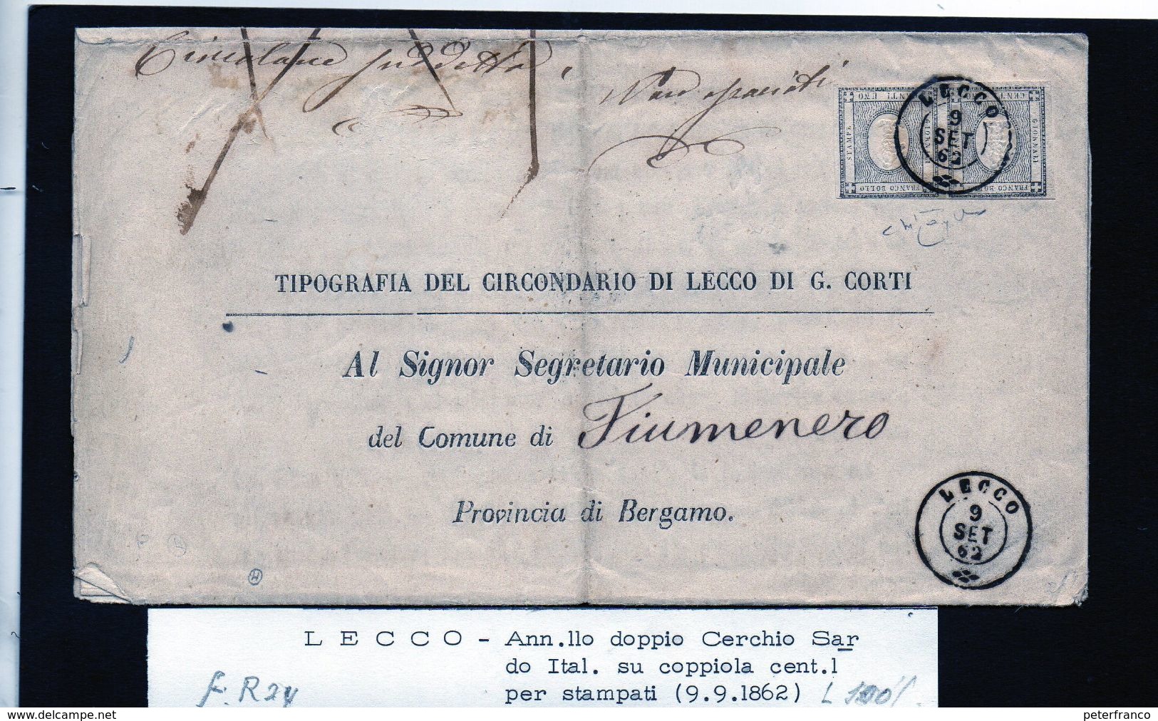 CG35 -Lettera Da Lecco Per Fiumenero 9/9/1862 - Ann. Doppio Cerchio Sardo/Ital Su Coppia Cent.1 Giornali - F.to Raybaudi - Sardinia