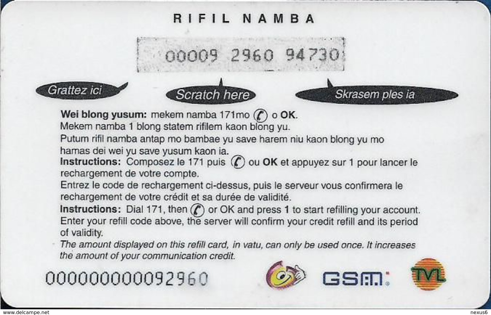 Vanuatu - Smile Rifil - Hard Plastic GSM Refill 1000vt, Matrix Font PIN And Code, Used - Vanuatu
