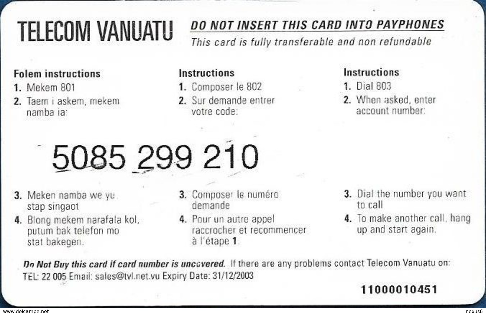 Vanuatu - Telecom Vanuatu - Colored Volcanoes, Remote Mem. 225vt, Letraset CN. 11 Numbers, Exp.31.12.2003, Used - Vanuatu