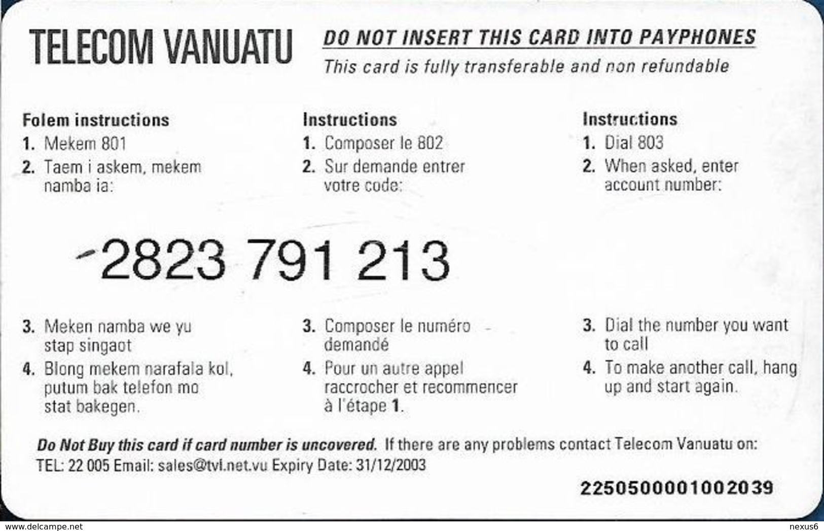 Vanuatu - Telecom Vanuatu - Colored Volcanoes, Remote Mem. 225vt, Letraset CN. 16 Numbers, Exp.31.12.2003, Used - Vanuatu