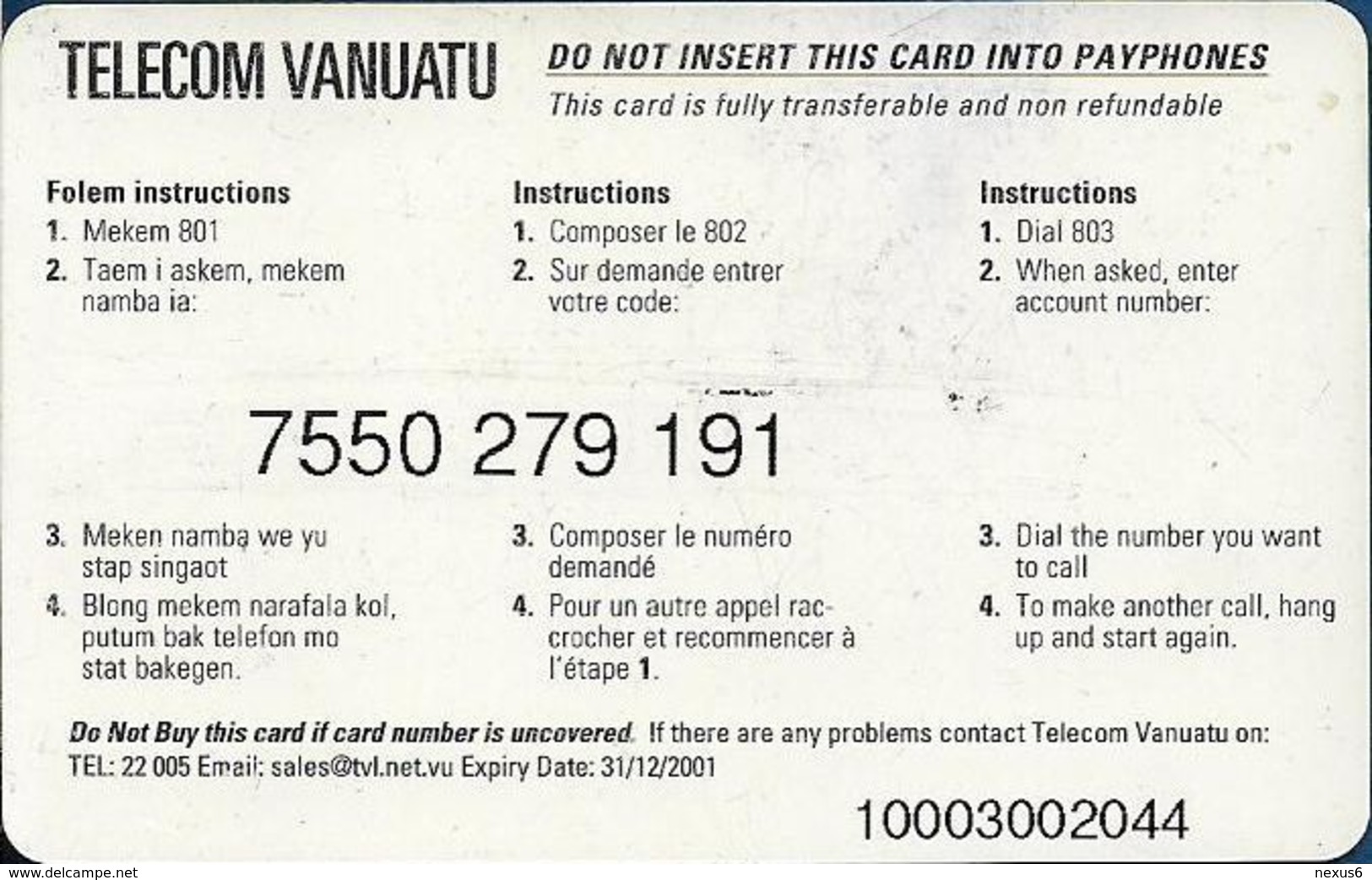 Vanuatu - Telecom Vanuatu - Mask #4, Remote Mem. 1350vt, Exp.31.12.2001, Used - Vanuatu