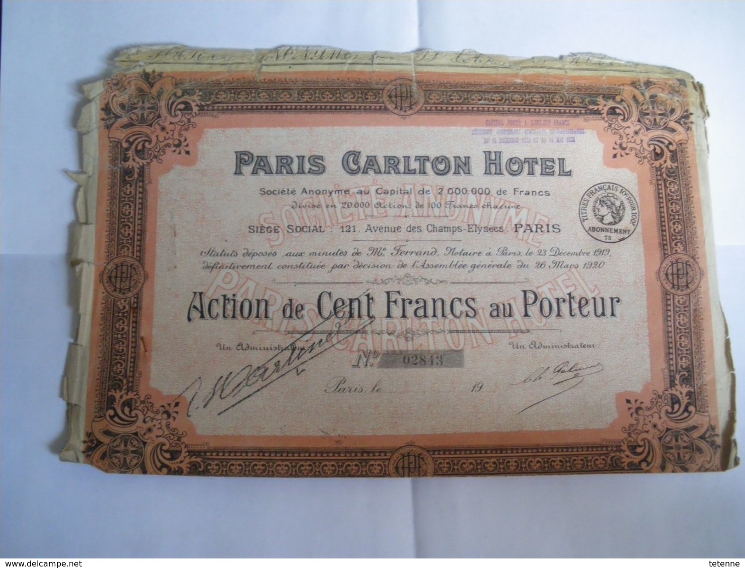 Action Au Porteur De 100 Francs PARIS CARLTON HOTEL 1920 - Tourisme
