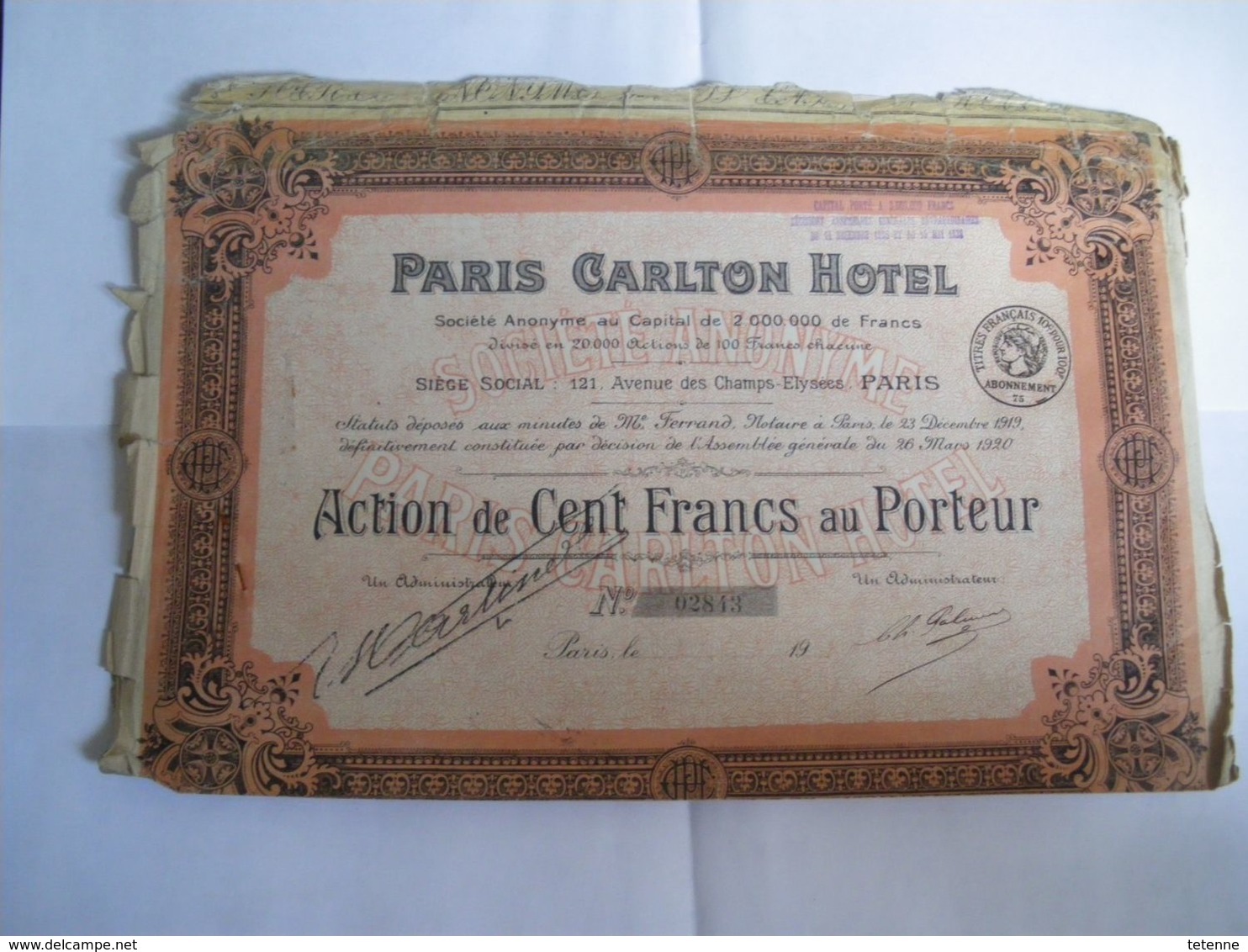 Action Au Porteur De 100 Francs PARIS CARLTON HOTEL 1920 - Toerisme