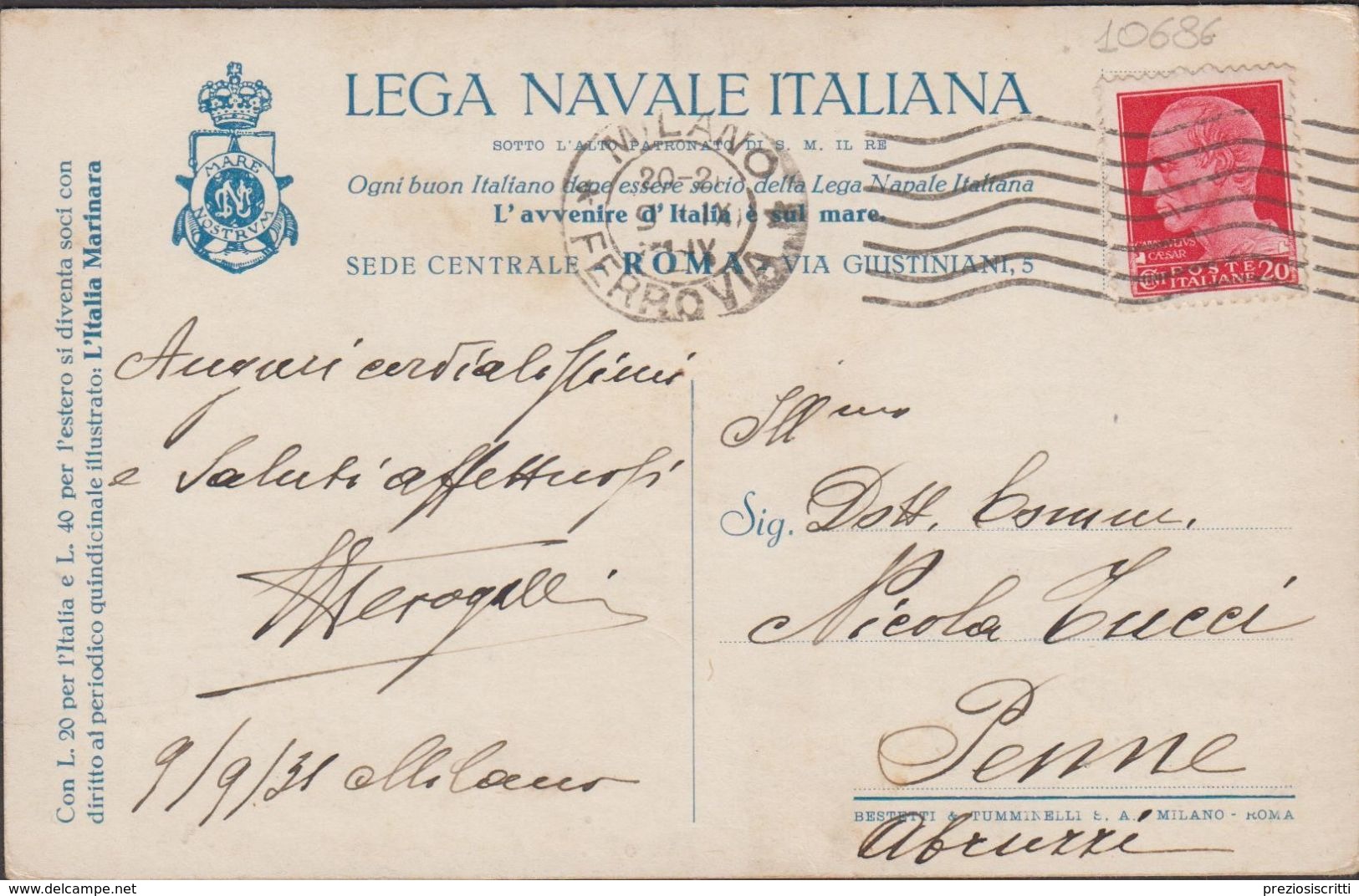 Cartolina Lega Navale Italiana Regia Marina Mussolini Ship Nave Viaggiata 1931 - Guerre 1939-45
