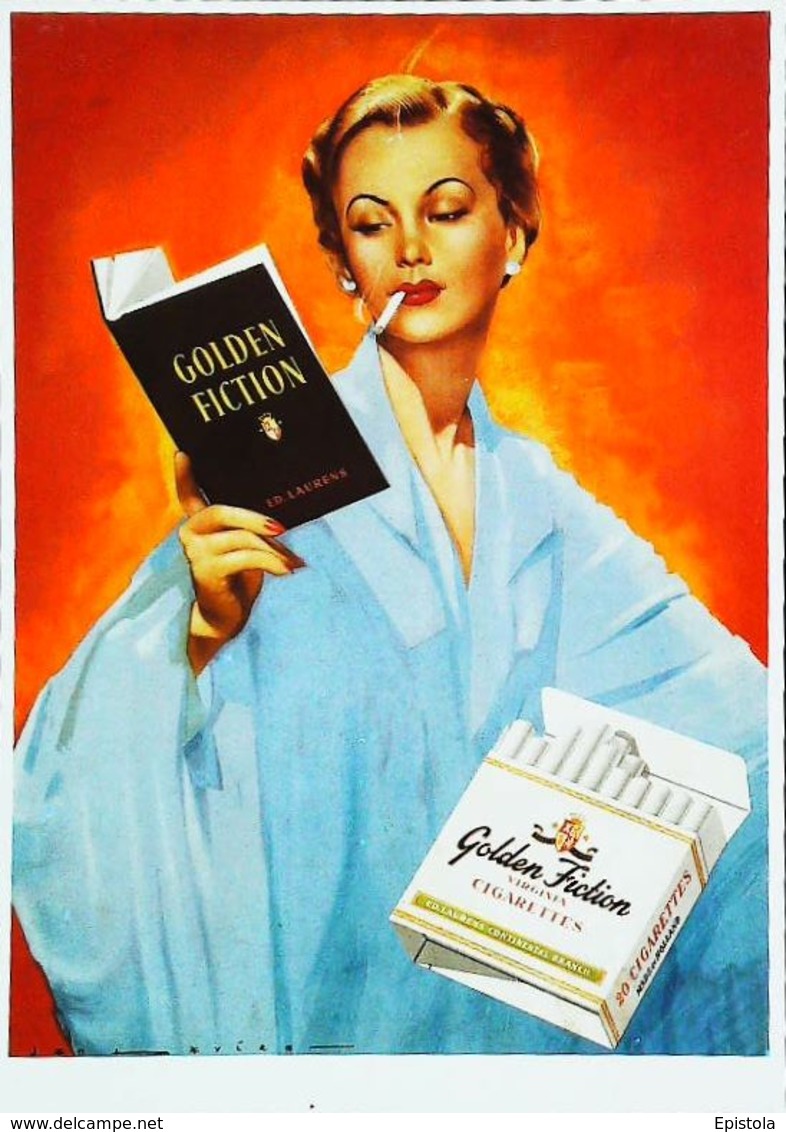 Carte Postale  Publicité   Cigarette  Golden Fiction  Livre Lecture    Illustration  Reproduction - Fume-Cigarettes