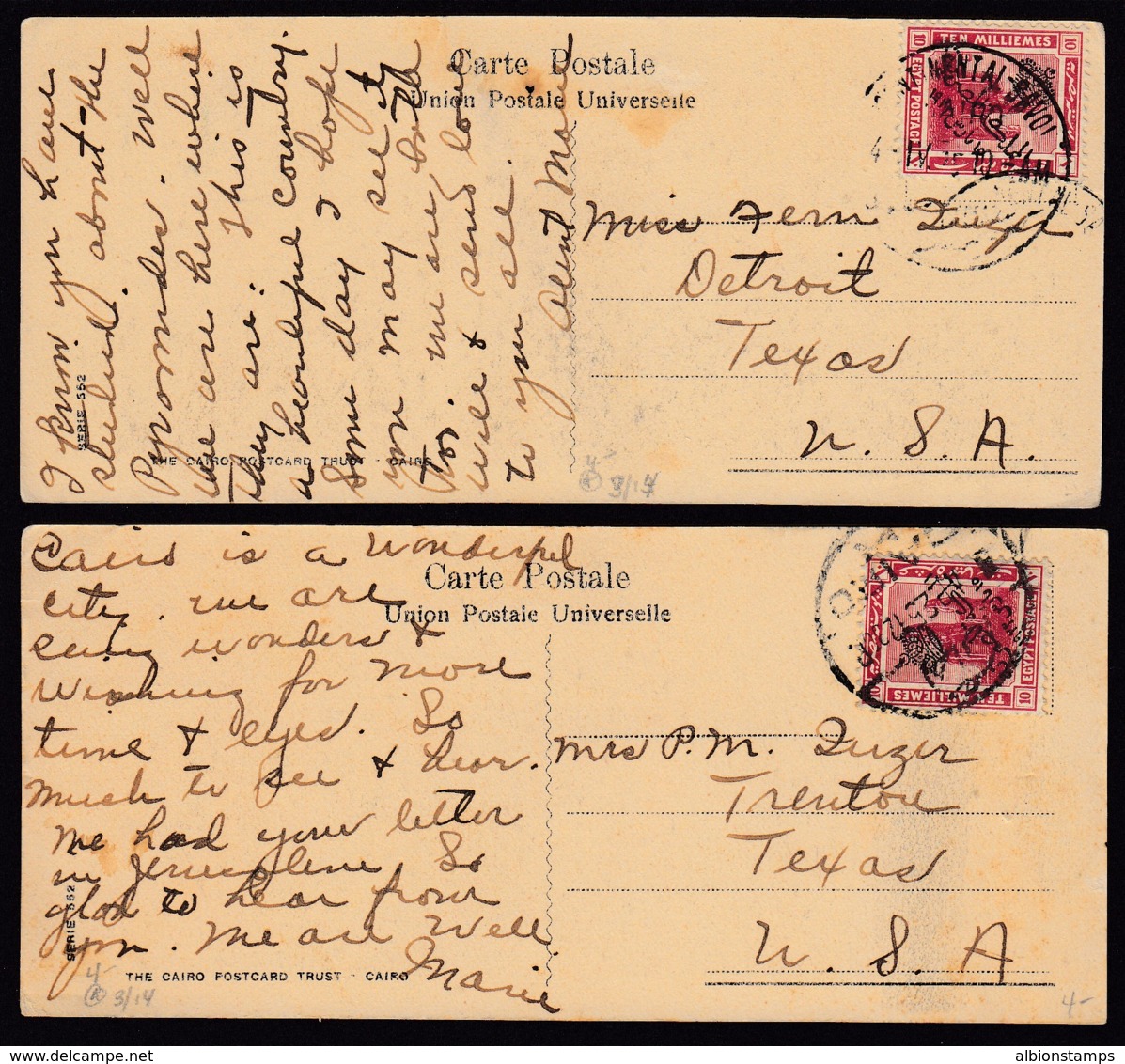 Egypt Two 1925 Picture Post Cards To Texas, USA With 10m Crown Overprint - Ungebraucht