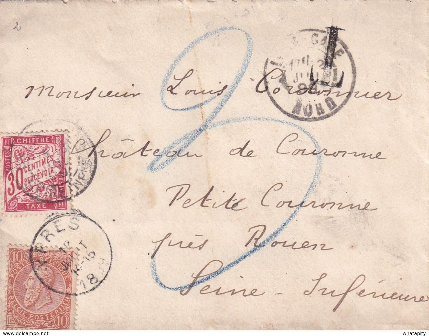 DDX 271 - Lettre TP 57 Fine Barbe YPRES 1899 Vers Le Chateau De COURONNE (ROUEN) - Taxée 30 C En France - 1893-1900 Fijne Baard