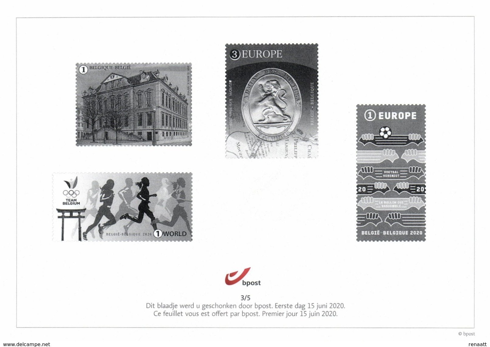 Belgium 2020 Black And White Sheetlet BPost 15-Jun-2020 Squares Liège, Europa Postal Routes, Olympic Games Japan, Soccer - Foglietti B/N [ZN & GC]