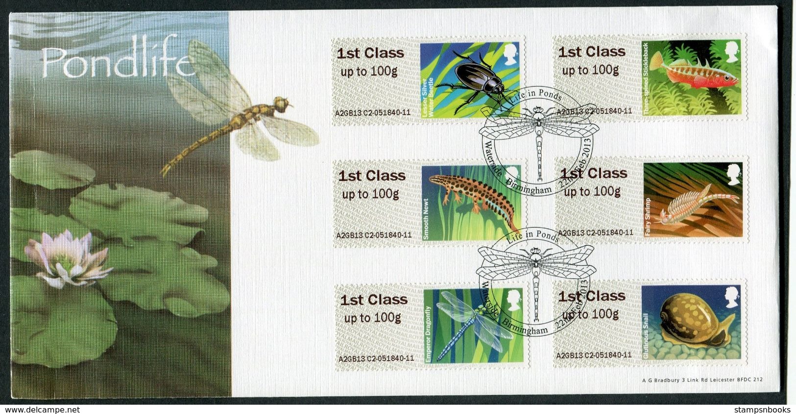 2013 GB Post & Go Pondlife First Day Cover. Waterside Birmingham Bradbury FDC - Post & Go Stamps