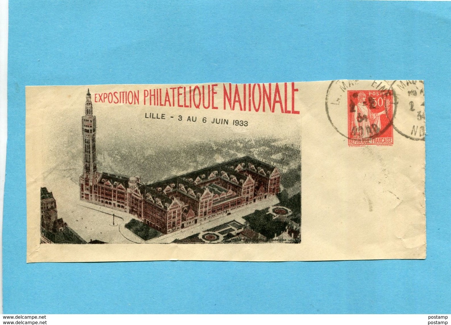 Entier Postal 50c Paix Oblitéré -sur Grand  Fragment De Lettre "expo De Lille" Juin 1936 - Umschläge Mit Aufdruck (vor 1995)