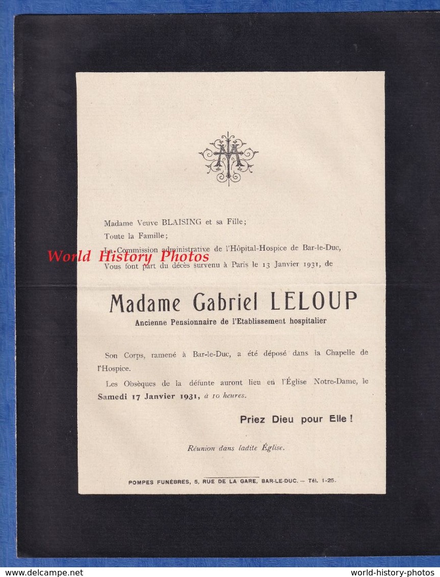 Document Ancien De 1931 - BAR LE DUC ( Meuse ) - Madame Gabriel LELOUP , Pensionnaire De L' Etablissement Hospitalier - Todesanzeige