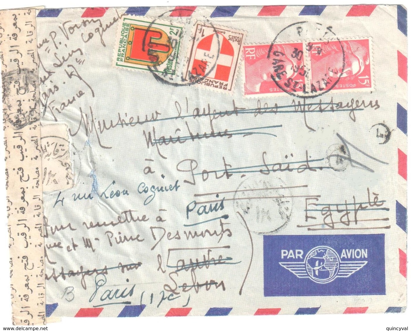 PARIS Lettre Avion Dest Liban Transit Port Saïd Egypte CENSURE Ouverte Arabe Bande 15F Gandon Yv 813 836 837 Ob 1951 - Covers & Documents