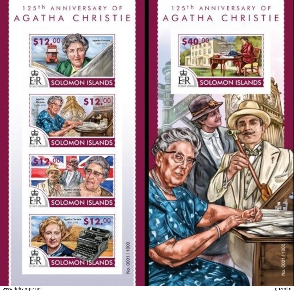 Salomon 2015, Writer, Agatha Christie, Clocks, 4val In BF +BF IMPERFORATED - Relojería