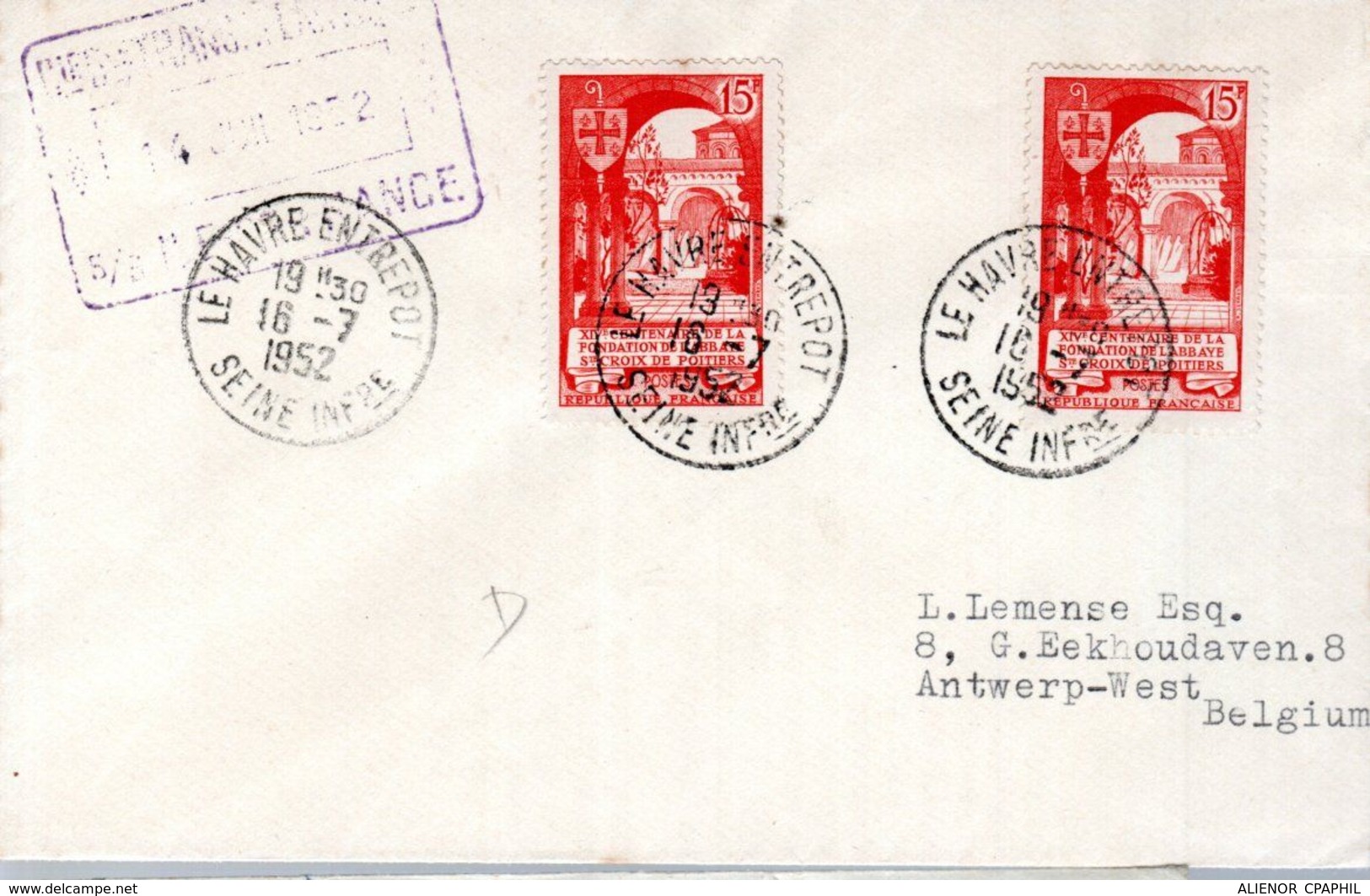 LETTRE 1952 -  CACHET POSTAL DEPART DU HAVRE ENTREPOT - - Cartas & Documentos