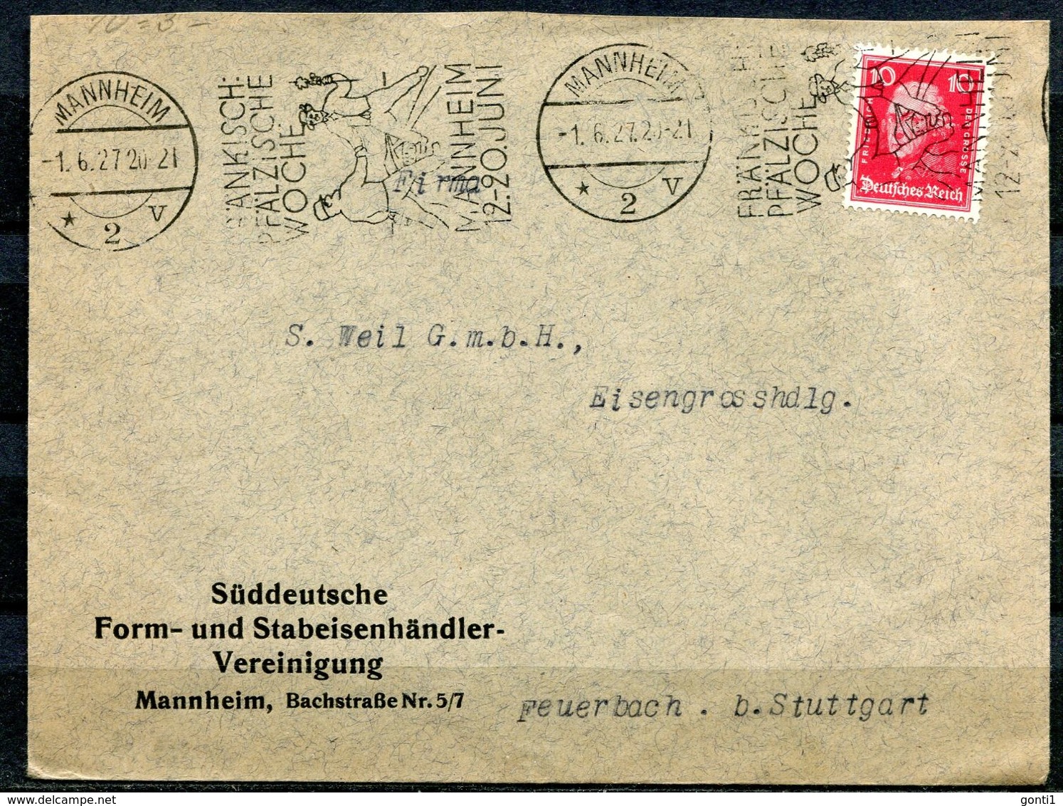 German Empires1927 Heimatbeleg  MANNHEIM Mit Mi.Nr.390 Und MWST"Mannheim-Fränkisch-Pfälzische Woche "1 Cover - Andere & Zonder Classificatie