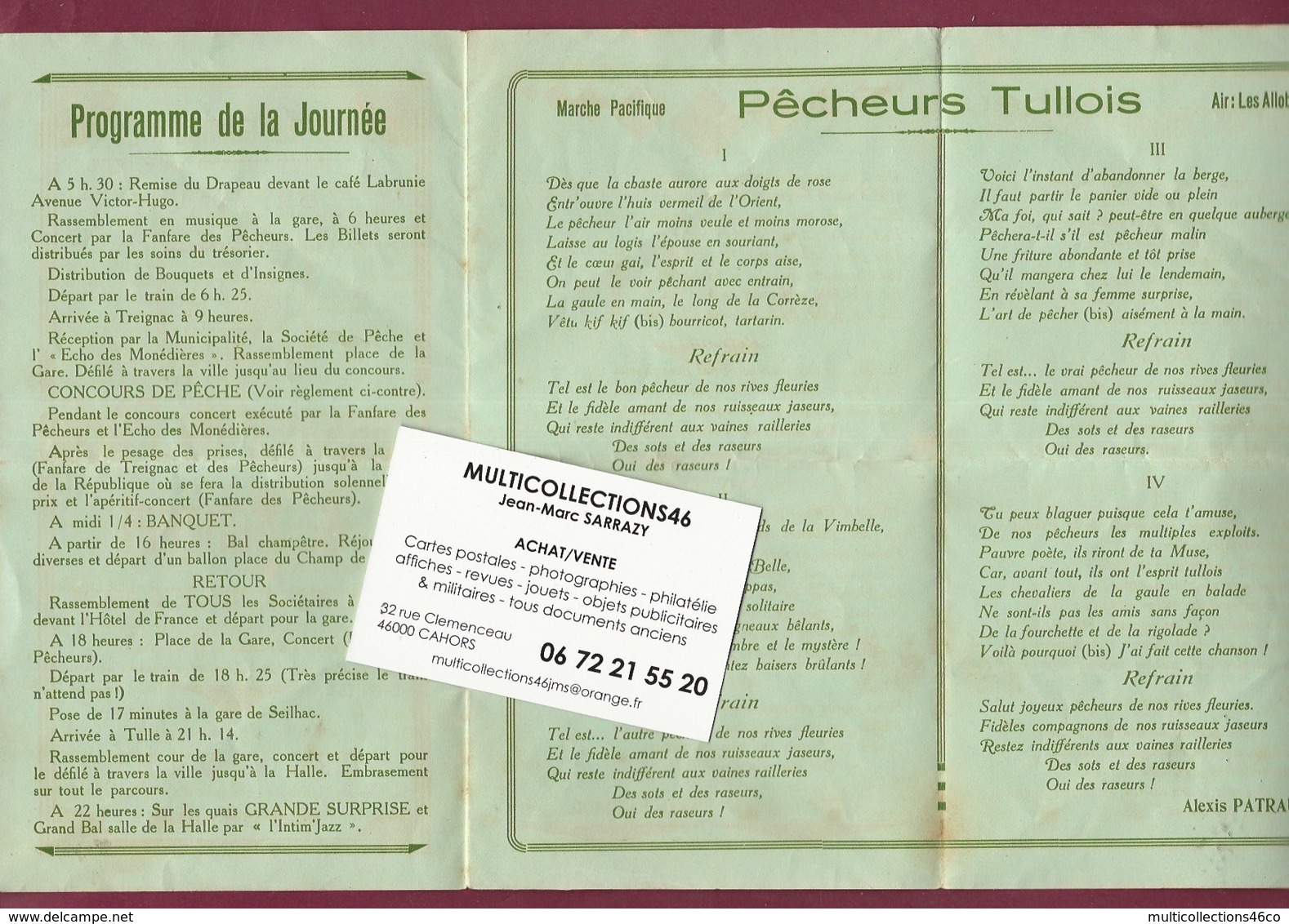 040720 - PROGRAMME  MENU 1931 - 19 TREIGNAC Pêche à La Ligne Tulle Hôtel De France NONY Chanson A PATRAUD - Treignac