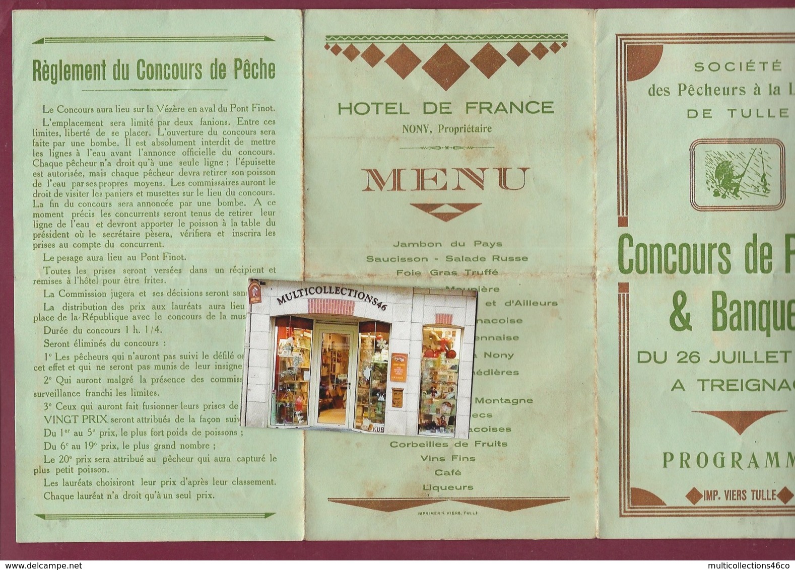 040720 - PROGRAMME  MENU 1931 - 19 TREIGNAC Pêche à La Ligne Tulle Hôtel De France NONY Chanson A PATRAUD - Treignac