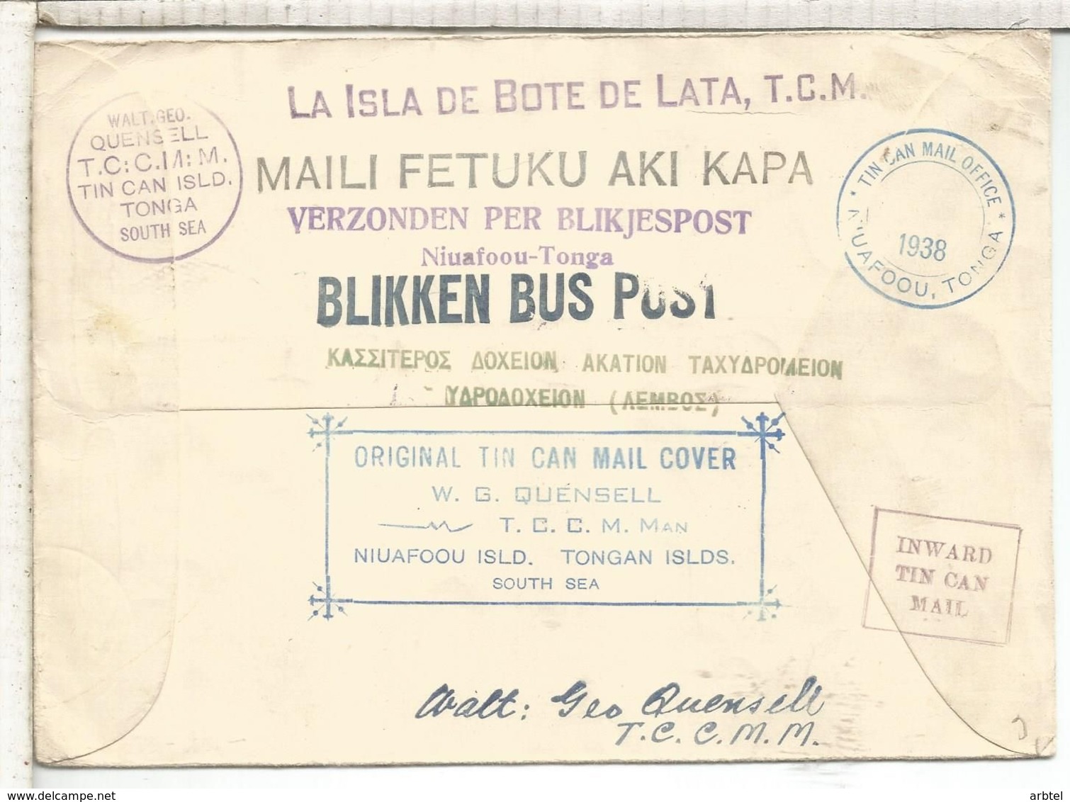 TONGA 1938 TIN CAN MAIL ISLAND CORREO POR LATA TRANSPORTE - Tonga (1970-...)