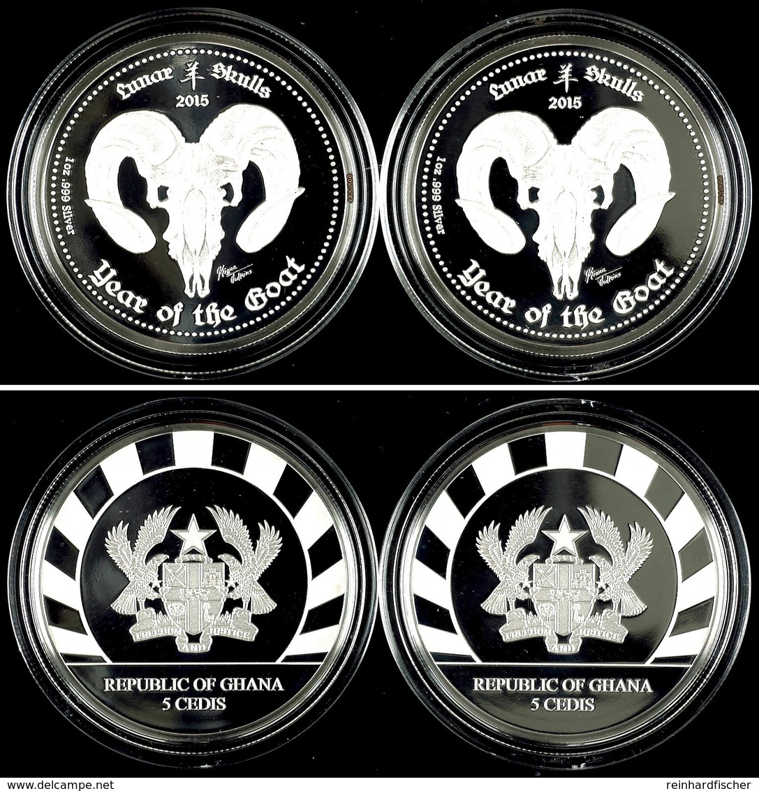 2x 5 Cedi, 2015, Lunar Skulls - Year Of The Goat, 1 Unze Silber, In Kapsel Mit Zertifikat, PP. Auflage Nur 500 Stück.  P - Ghana