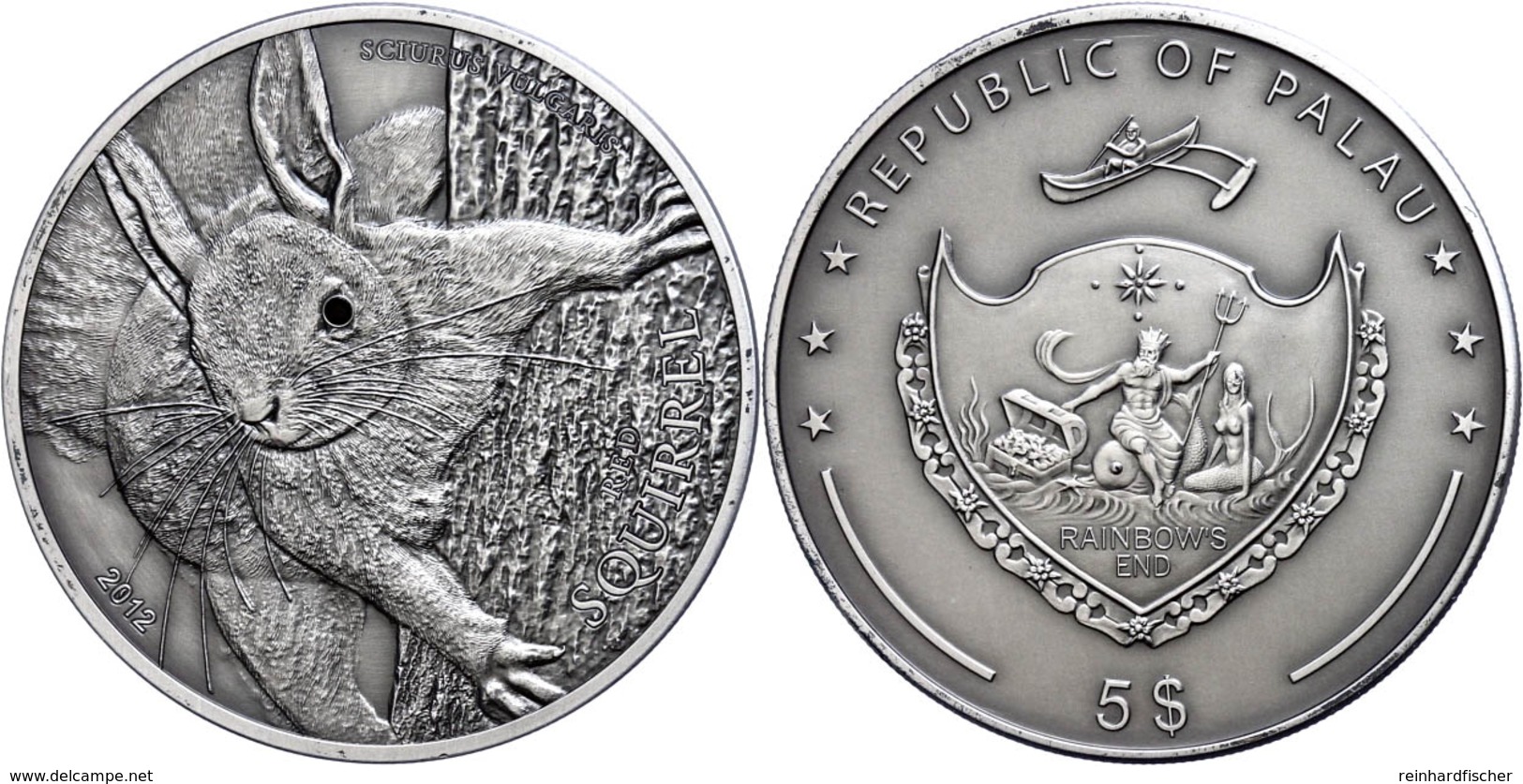 5 Dollars, 2012, Rotes Eichhörnchen, 1 Unze Silber, Antik Finish, Mit Swarovski, Etui Mit OVP Und Zertifikat, St. Auflag - Palau