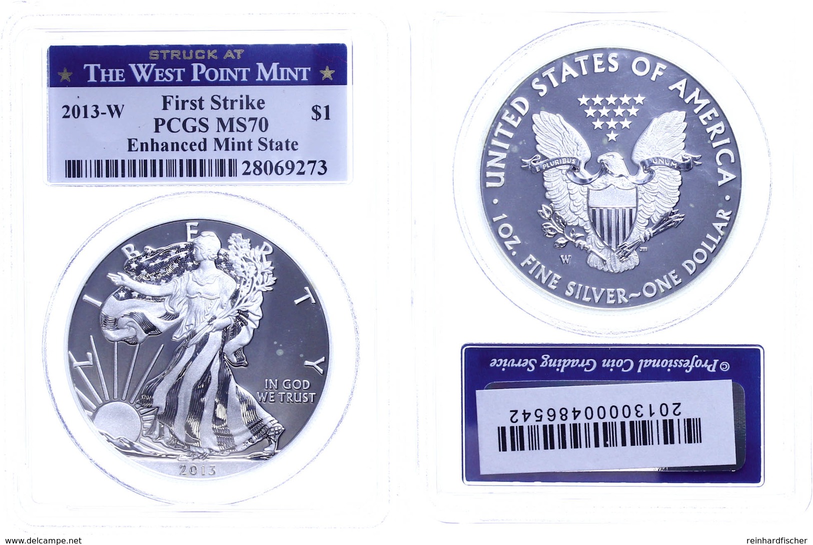 1 Dollar, 2013, W, Silver Eagle, In Slab Der PCGS Mit Der Bewertung MS70, Enhanced Mint State, First Strike, West Point  - Autres & Non Classés