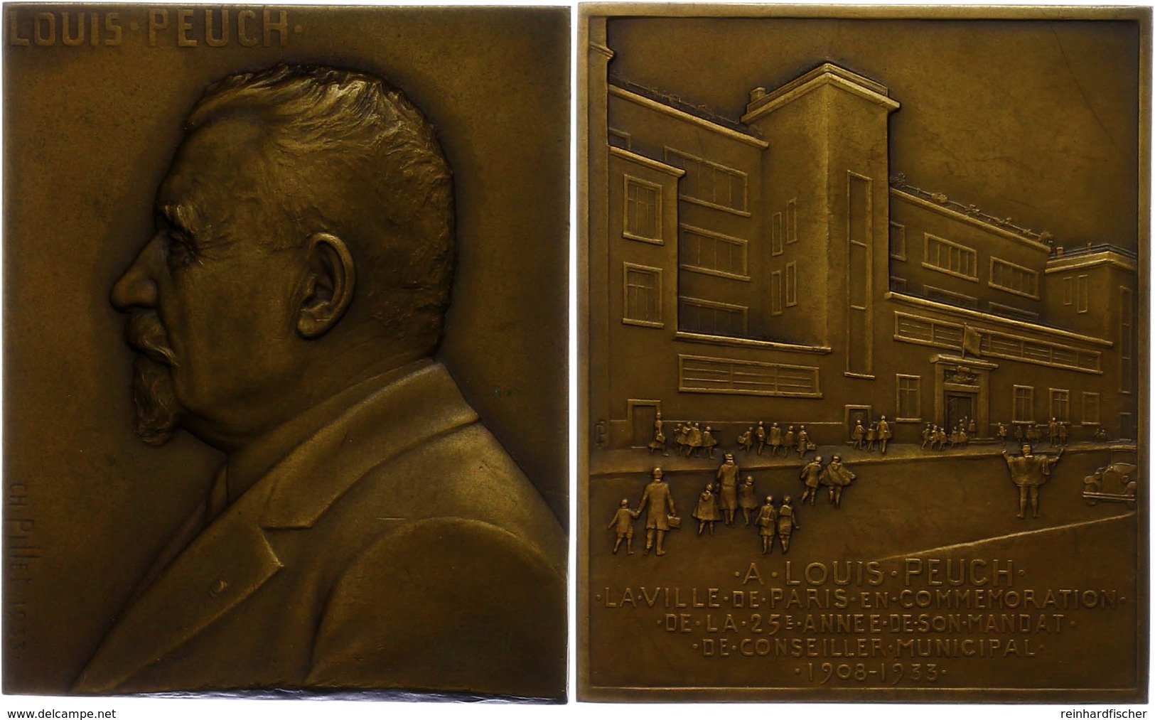 Frankreich, Rechteckige Bronzeplakette (ca. 68x55,90mm, Ca. 145,89g), 1933, Von Ch. Pillet, Auf Louis Peuch. Av: Brustbi - Sonstige & Ohne Zuordnung