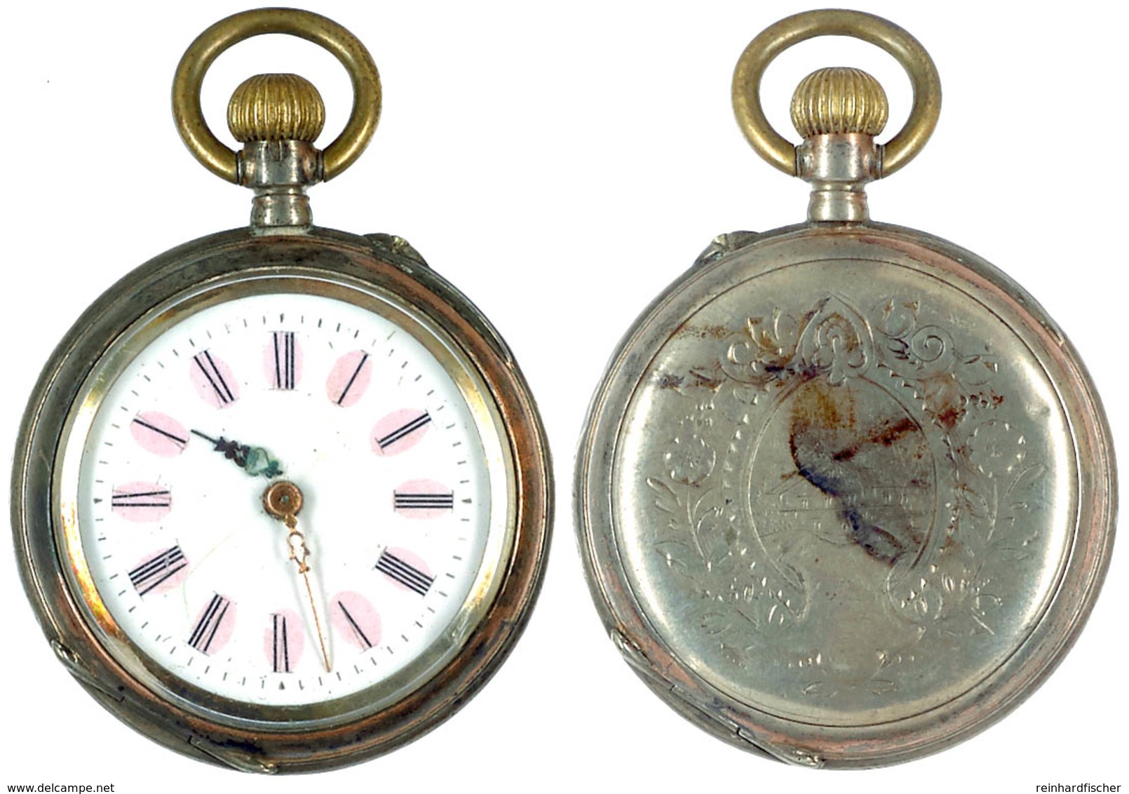 Zierliche Damentaschenuhr Mit Kronenaufzug. Rückdeckel Floral Verziert Mit Zentralem Medaillon Mit Darstellung Eines Geh - Non Classés