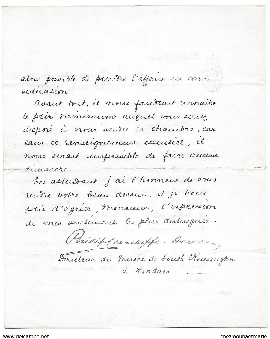LONDRES 1882 DE SIR CUNLIFFE OWEN DIRECTEUR MUSEE DE KENSINGTON CONCERNANT L ACHAT D UNE CHAMBRE ARABE - Altri & Non Classificati