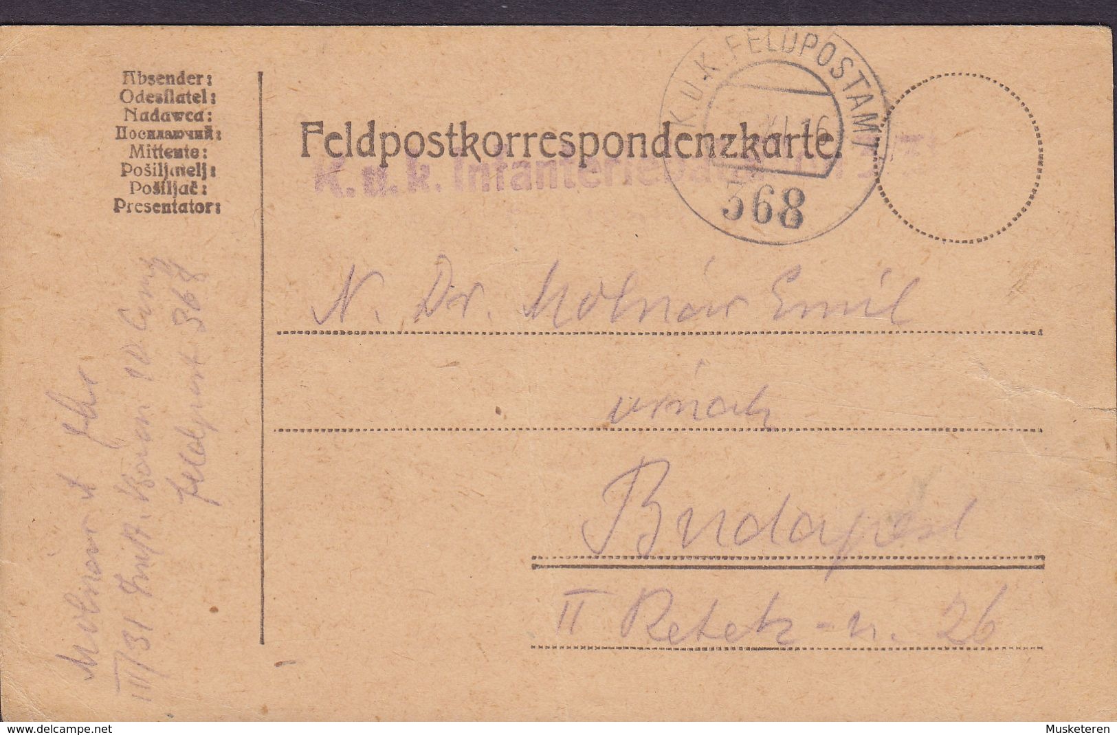 Austria K.u.K. Feldpostamt (368) 1916 Cover Brief BUDAPEST Purple Line Cds. K.u.K. INFANTERIEBATTALLION '331'? - Covers & Documents