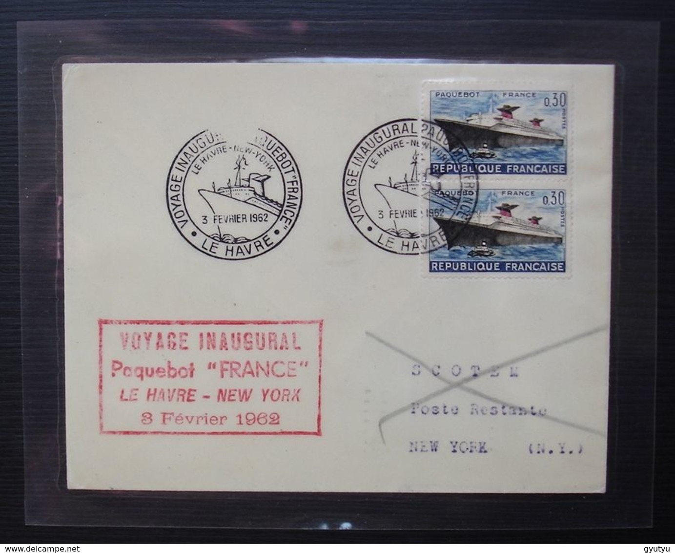 1962 Paquebot France Voyage Inaugural Le Havre New York, Lettre Plastifiée , Voir Description ! - Poste Navale