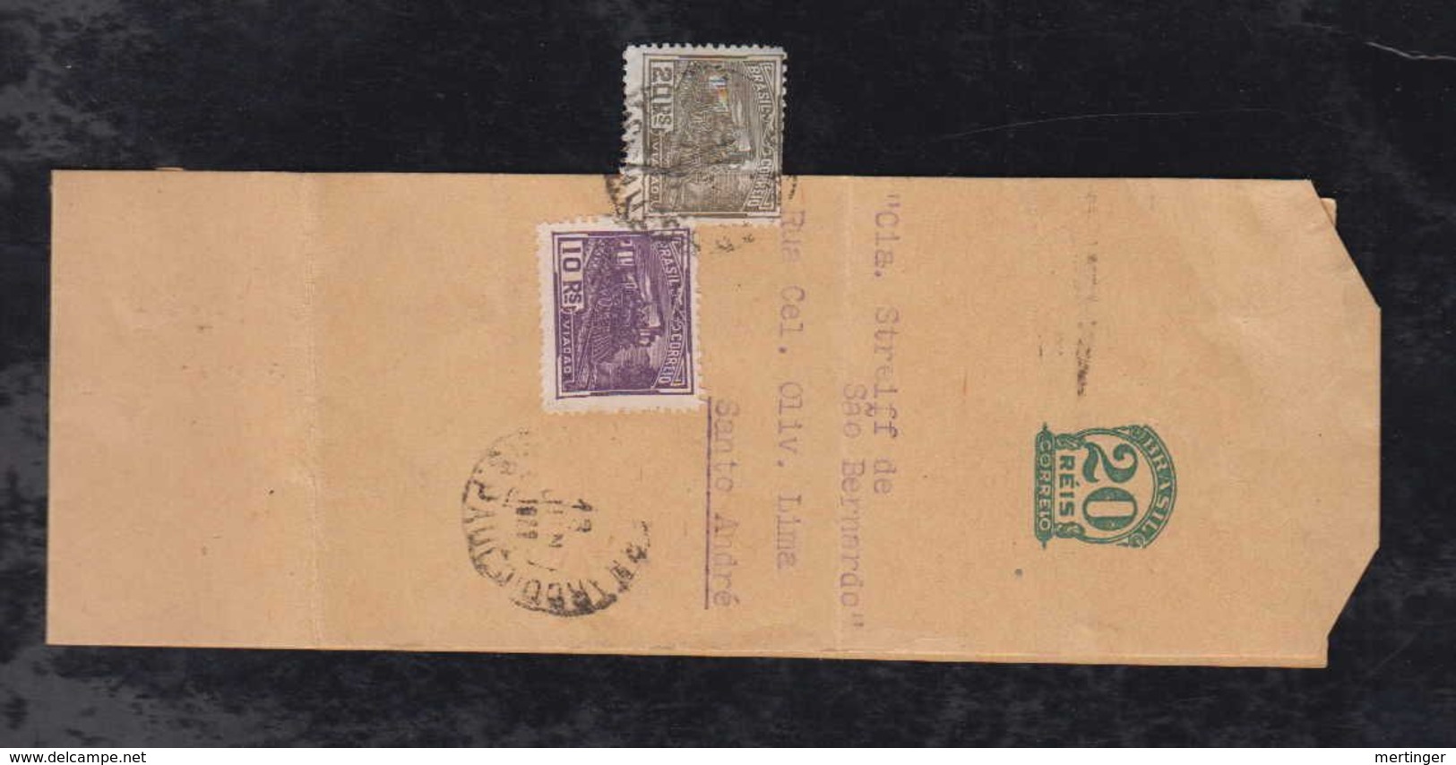 Brazil Brasil 1928 CT 26 Wrapper 20R Uprated ESTACAO S. BERNARDO To SANTO ANDRE - Postal Stationery