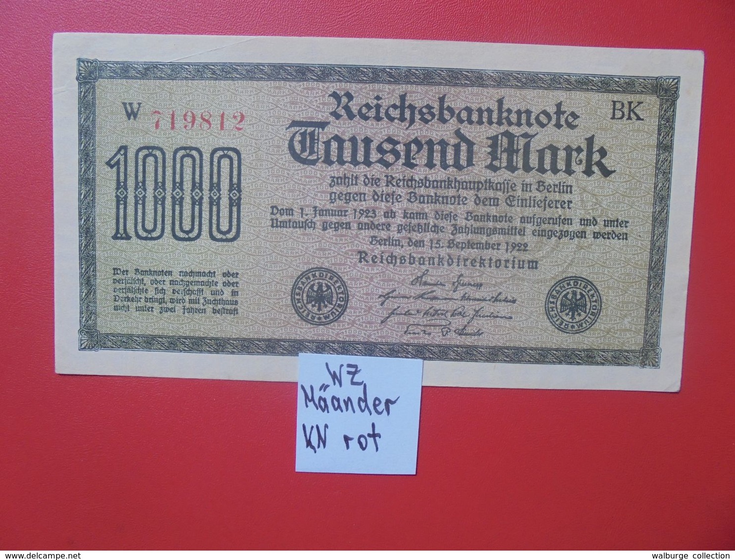 Reichsbanknote 1000 MARK 1922 VARIANTE CIRCULER (B.16) - 1000 Mark