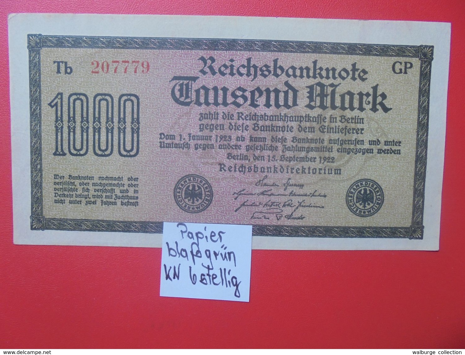 Reichsbanknote 1000 MARK 1922 VARIANTE CIRCULER (B.16) - 1000 Mark