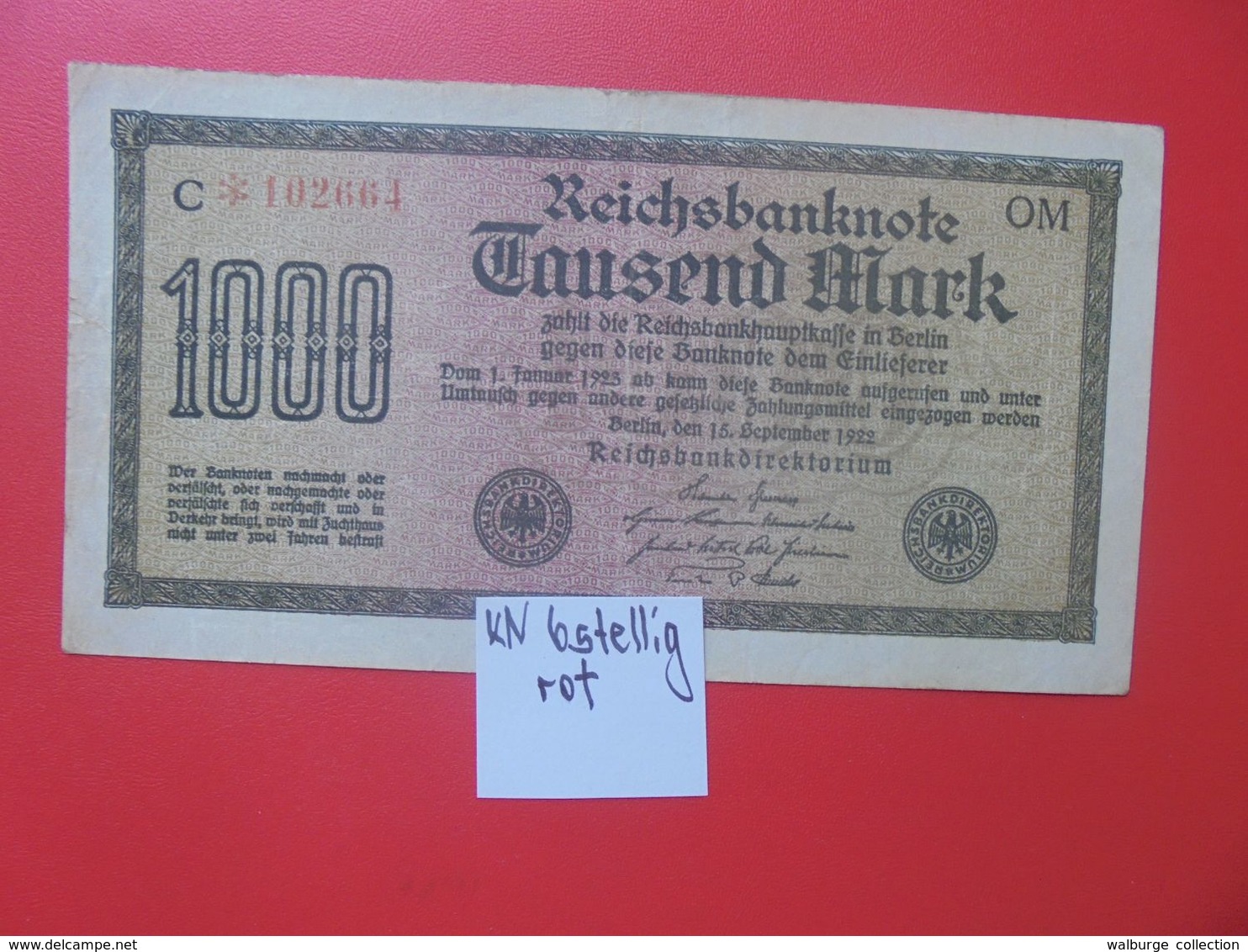 Reichsbanknote 1000 MARK 1922 VARIANTE CIRCULER (B.16) - 1000 Mark