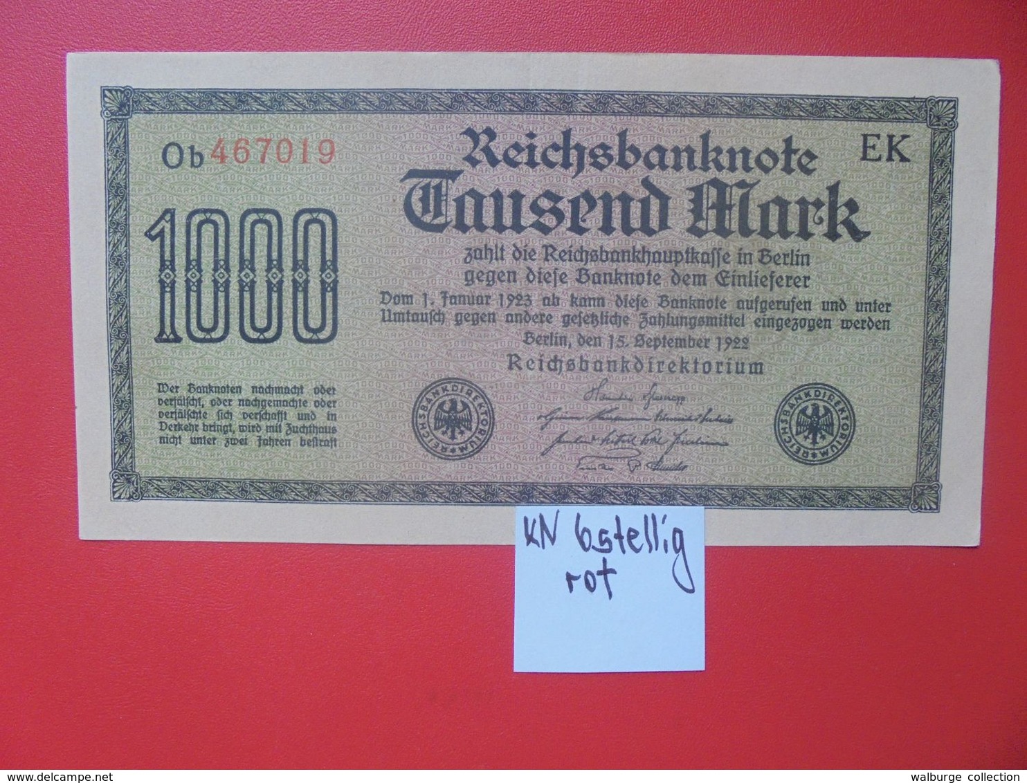 Reichsbanknote 1000 MARK 1922 VARIANTE CIRCULER (B.16) - 1000 Mark