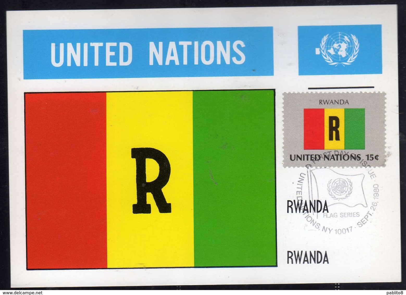 UNITED NATIONS NEW YORK ONU UN UNO 1980 FLAGS RWANDA RUANDA FDC MAXI CARD CARTOLINA MAXIMUM - Maximumkaarten