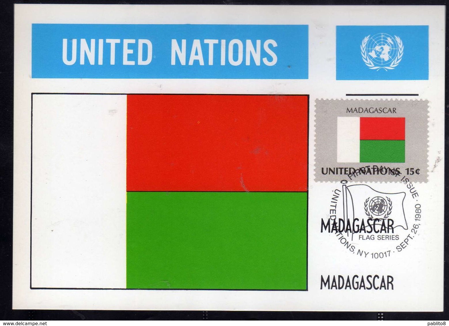 UNITED NATIONS NEW YORK ONU UN UNO 1980 FLAGS MADAGASCAR FDC MAXI CARD CARTOLINA MAXIMUM - Maximum Cards