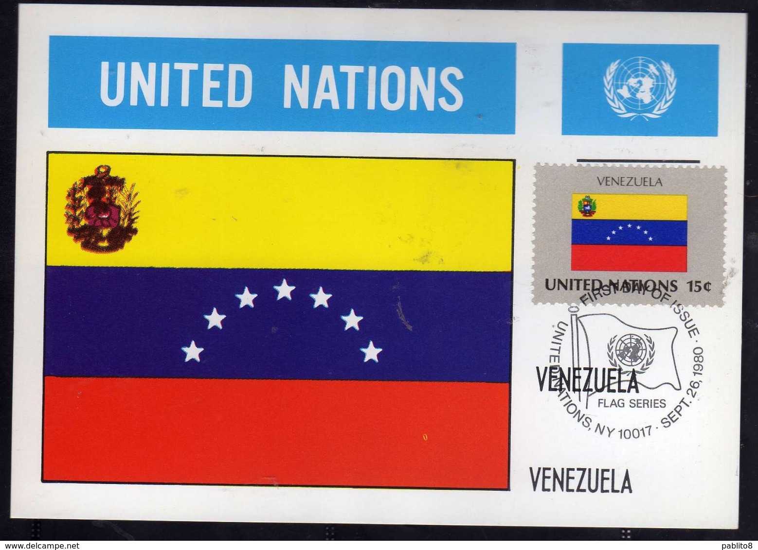 UNITED NATIONS NEW YORK ONU UN UNO 26 9 1980 FLAGS VENEZUELA FDC MAXI CARD CARTOLINA MAXIMUM - Cartes-maximum