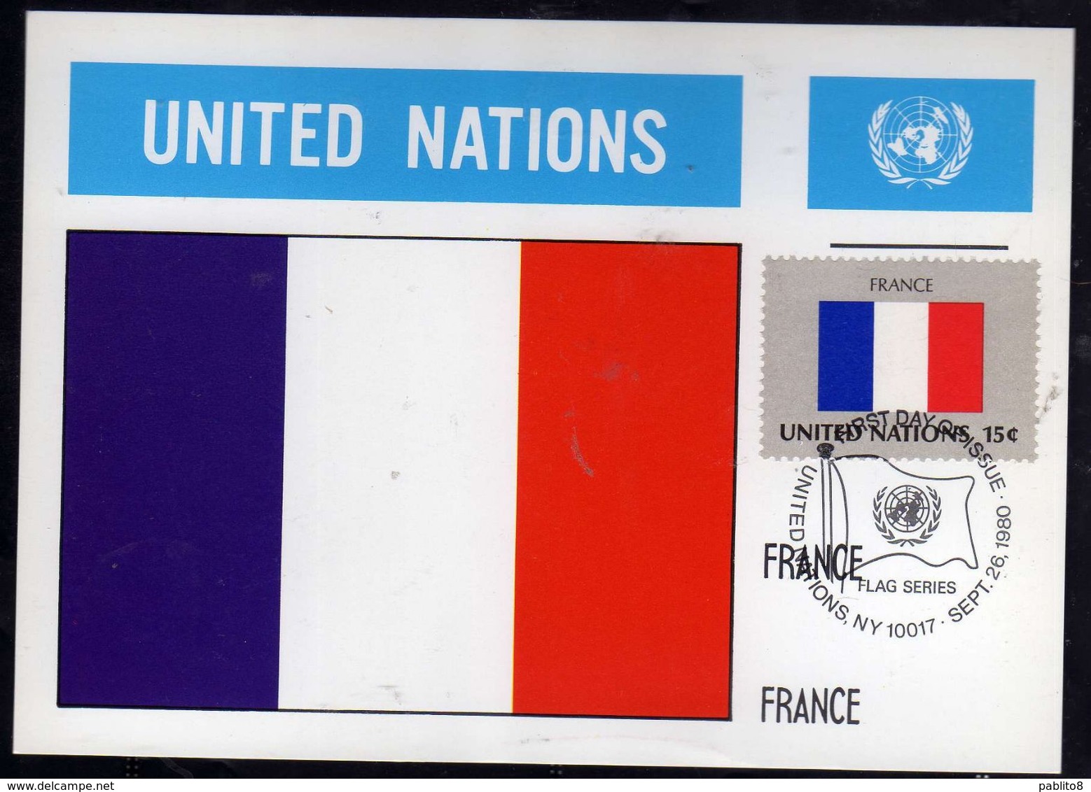 UNITED NATIONS NEW YORK ONU UN UNO 26 9 1980 FLAGS FRANCE FRANCIA FDC MAXI CARD CARTOLINA MAXIMUM - Maximum Cards