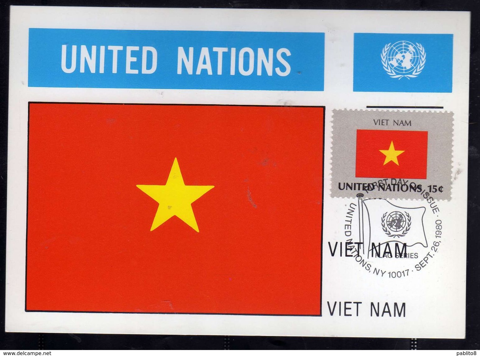 UNITED NATIONS NEW YORK ONU UN UNO 26 9 1980 FLAGS VIET NAM VIETNAM FDC MAXI CARD CARTOLINA MAXIMUM - Maximumkaarten