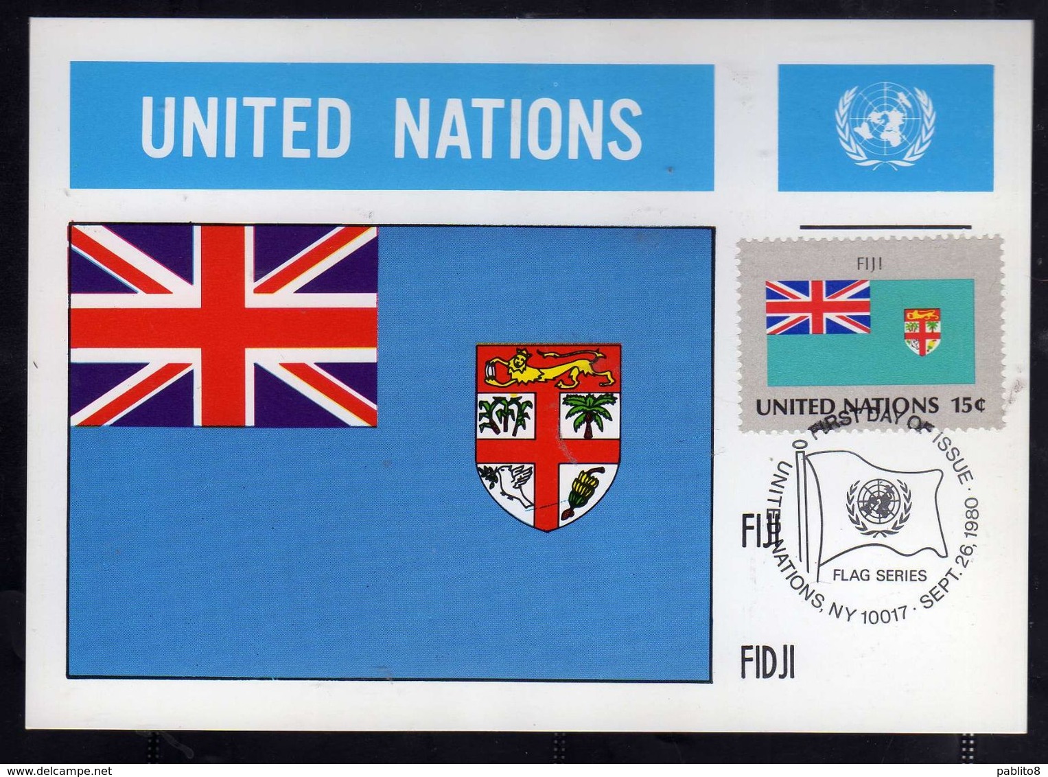 UNITED NATIONS NEW YORK ONU UN UNO 26 9 1980 FLAGS FIJI FIDJI FDC MAXI CARD CARTOLINA MAXIMUM - Maximum Cards