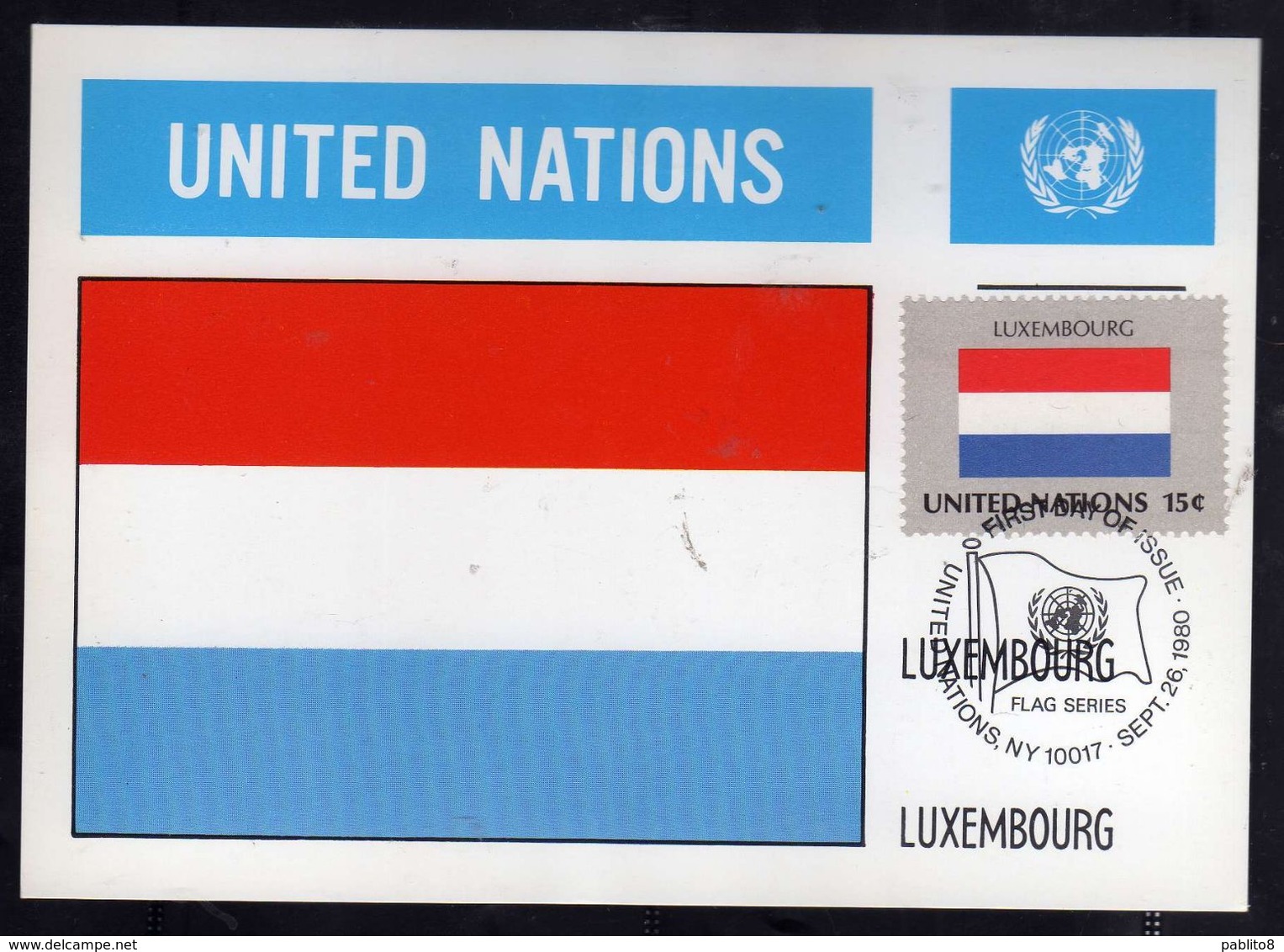UNITED NATIONS NEW YORK ONU UN UNO 26 9 1980 FLAGS LUXEMBOURG LUSSEMBURGO FDC MAXI CARD CARTOLINA MAXIMUM - Maximumkarten
