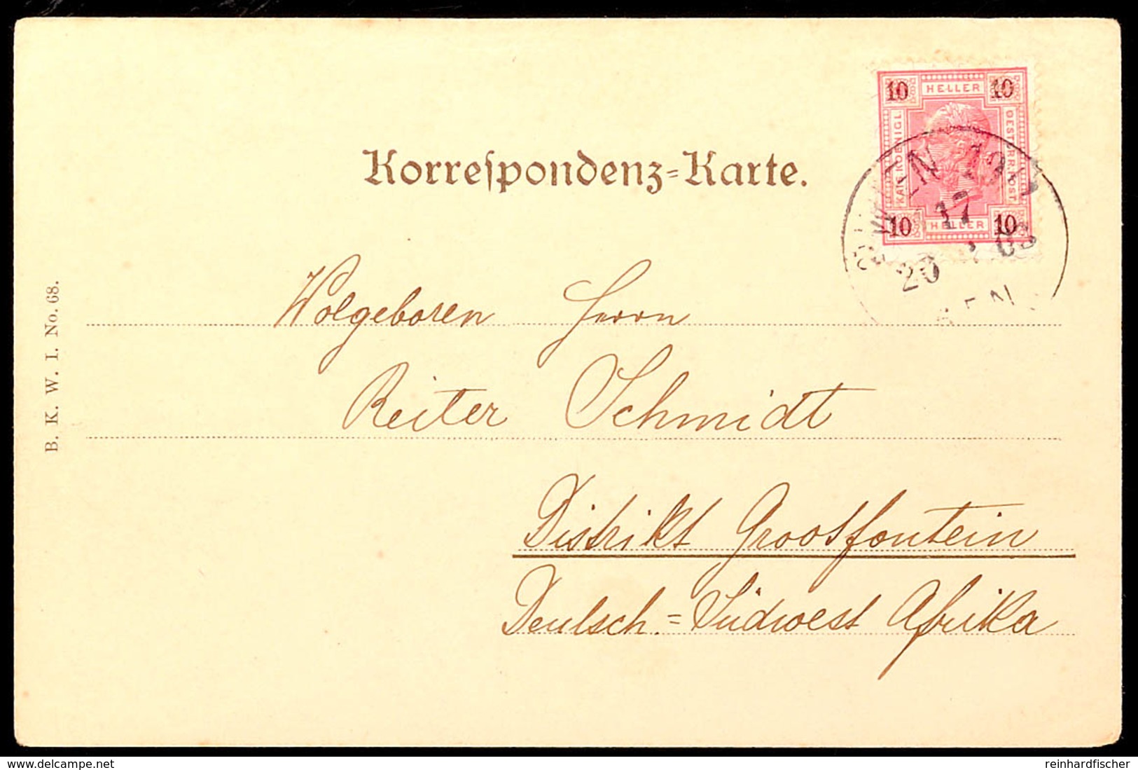 10 Heller Österreich Auf Ansichtskarte (Eckbug) Von WIEN 20.6.03 Nach Grootfontein, Katalog: ÖS 89 BF - German South West Africa