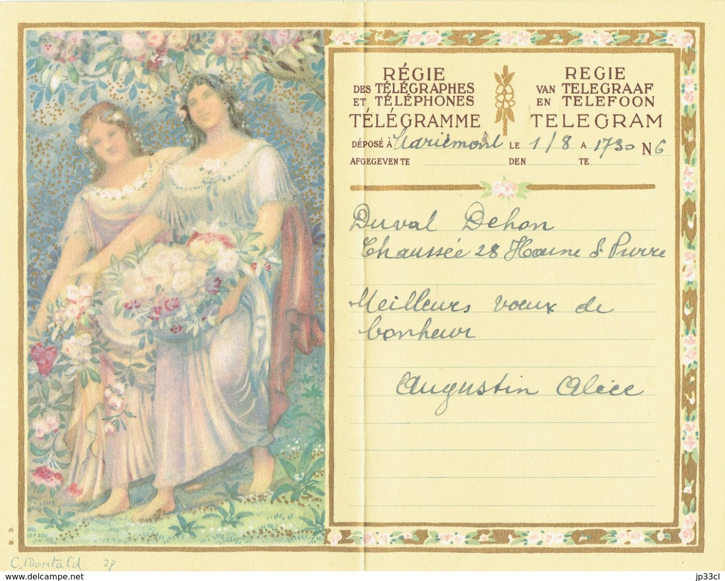Télégramme De Philanthropie B3 Signé C.Montald 27 Du 1/8/1936 (De Mariemont à Haine-Saint-Pierre) - Telegramas